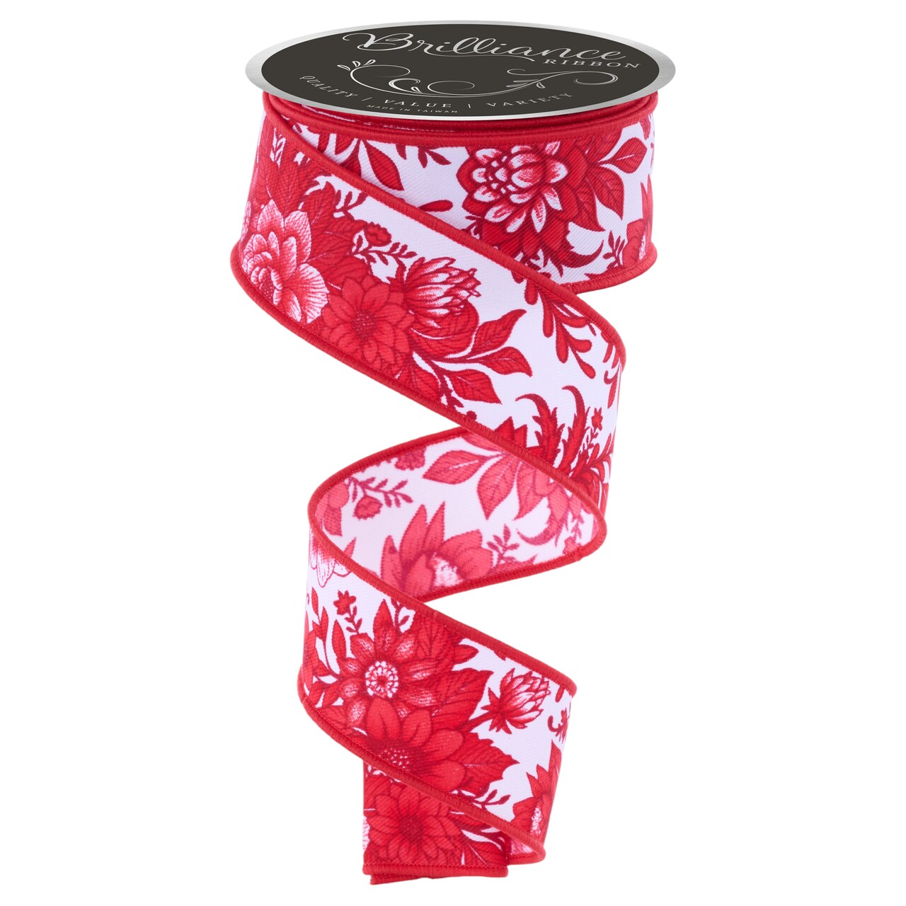 Brilliance 1.5" Chinoiserie Florals Wired Ribbon for Flower Pattern Bows, Wreaths, Gift Wrap, Crafts and Decorations (White, Red, 10 Yards)